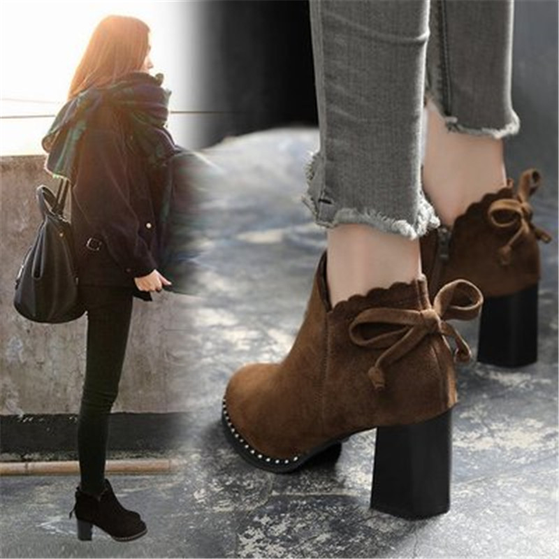 Stylishing Women Bowknot Boots Solid Color High Heeled Ankle Boots Seamless Shoes