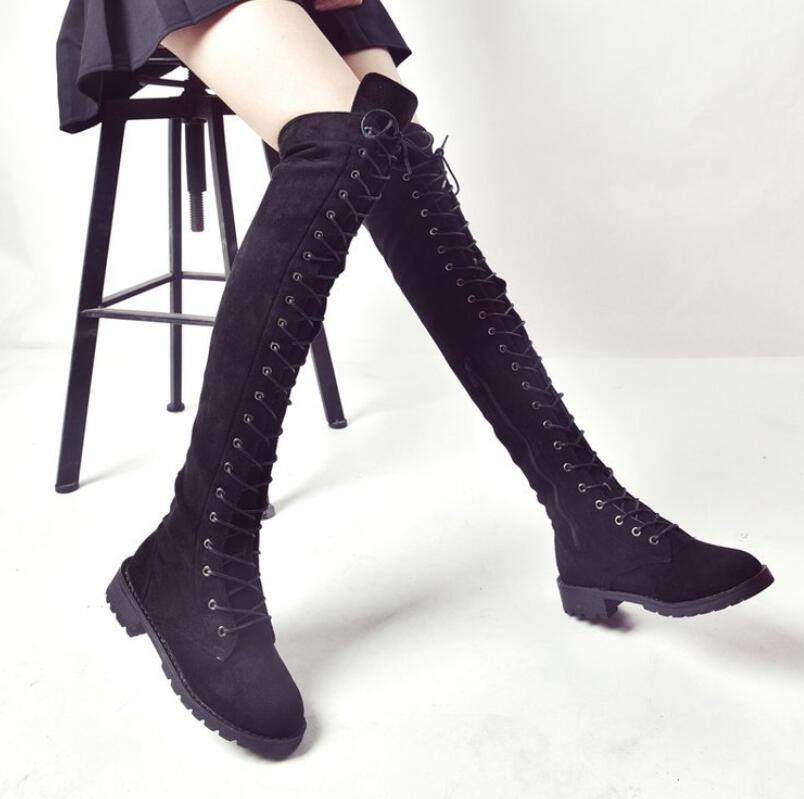 2019 New Women&apos;s Fashion Womens Knee High Boots Flat Ankle Snow Dance Lace Up Canvas Long Boots