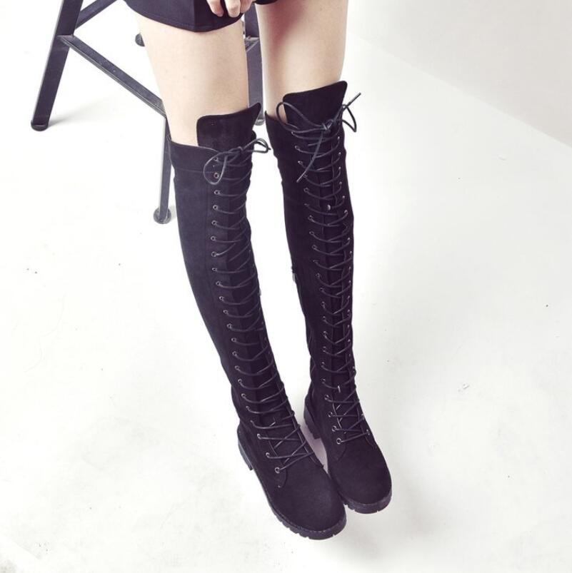 2019 New Women&apos;s Fashion Womens Knee High Boots Flat Ankle Snow Dance Lace Up Canvas Long Boots