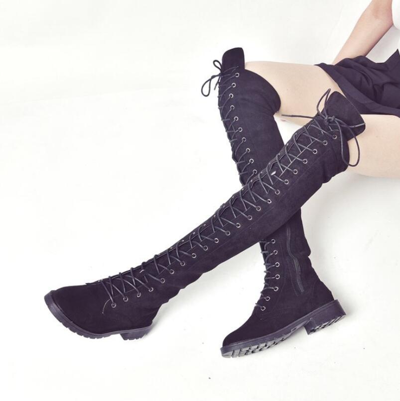 2019 New Women&apos;s Fashion Womens Knee High Boots Flat Ankle Snow Dance Lace Up Canvas Long Boots