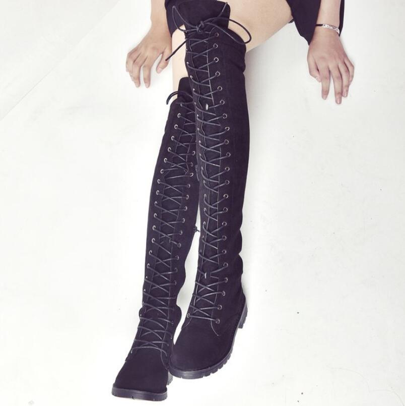 2019 New Women&apos;s Fashion Womens Knee High Boots Flat Ankle Snow Dance Lace Up Canvas Long Boots