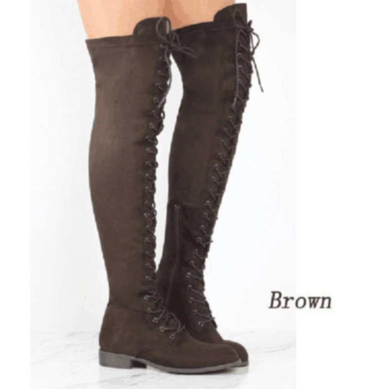 2019 New Women&apos;s Fashion Womens Knee High Boots Flat Ankle Snow Dance Lace Up Canvas Long Boots