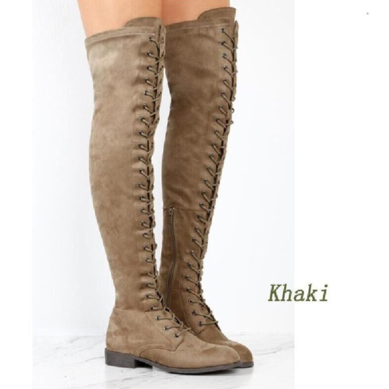 2019 New Women&apos;s Fashion Womens Knee High Boots Flat Ankle Snow Dance Lace Up Canvas Long Boots