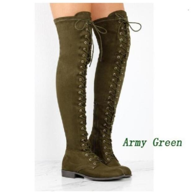 2019 New Women&apos;s Fashion Womens Knee High Boots Flat Ankle Snow Dance Lace Up Canvas Long Boots