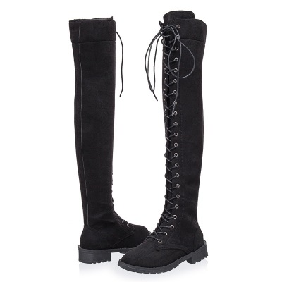 2019 New Women&apos;s Fashion Womens Knee High Boots Flat Ankle Snow Dance Lace Up Canvas Long Boots