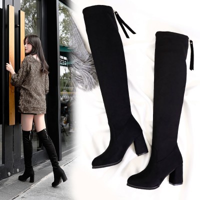 2019 Women Over The Knee High Boots Slip Shoes high heel boots Point Toe lace-up long Boots