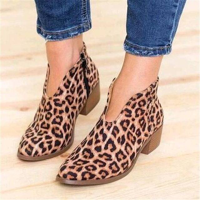 2019 Leopard Print Pointed Toe Ankle Boots Slip on Deep V High Heel Lady Party Dress Women  Shoes