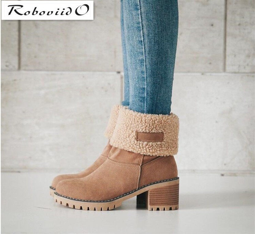 Roboviido New Women Boots Winter outdoor keep Warm Fur Boots Waterproof Women's Thick Heel Boots