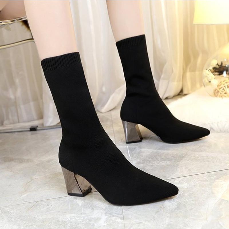Autumn New Women&apos;s Shoes High-heeled Pointed Elastic Boots Tube Socks Booties