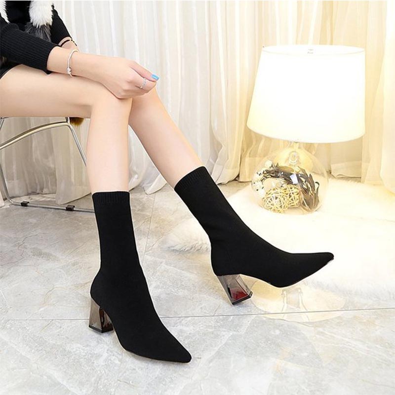 Autumn New Women&apos;s Shoes High-heeled Pointed Elastic Boots Tube Socks Booties