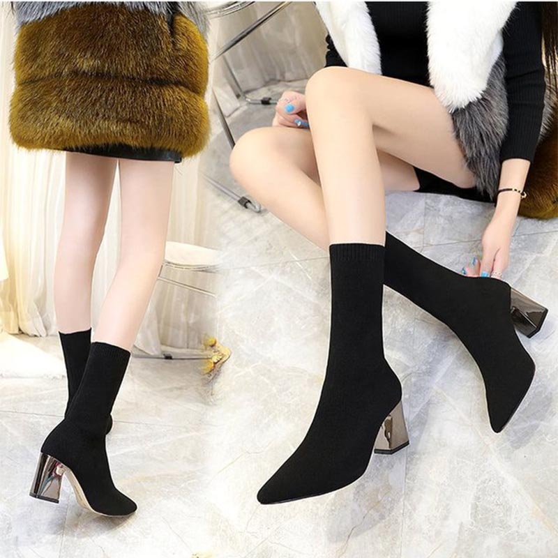 Autumn New Women&apos;s Shoes High-heeled Pointed Elastic Boots Tube Socks Booties