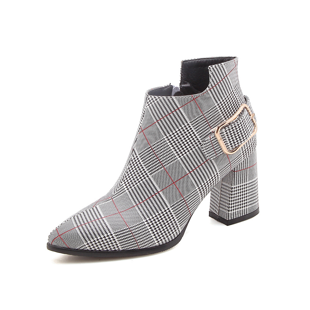 Women&apos;s Boots Fashion Plaid Pointed Toe High Heels Sexy Autumn Winter Ankle Boots