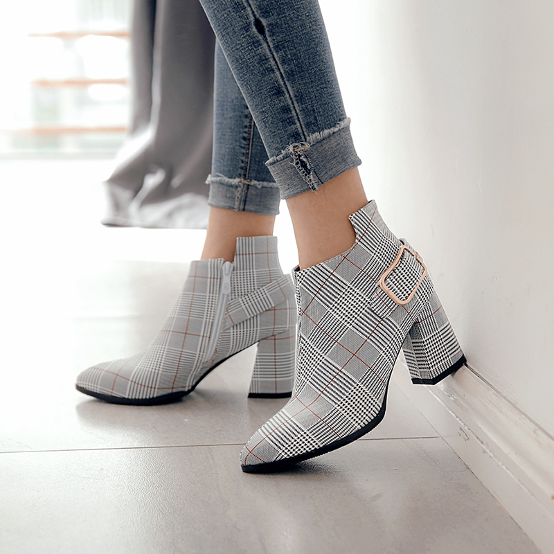 Women&apos;s Boots Fashion Plaid Pointed Toe High Heels Sexy Autumn Winter Ankle Boots