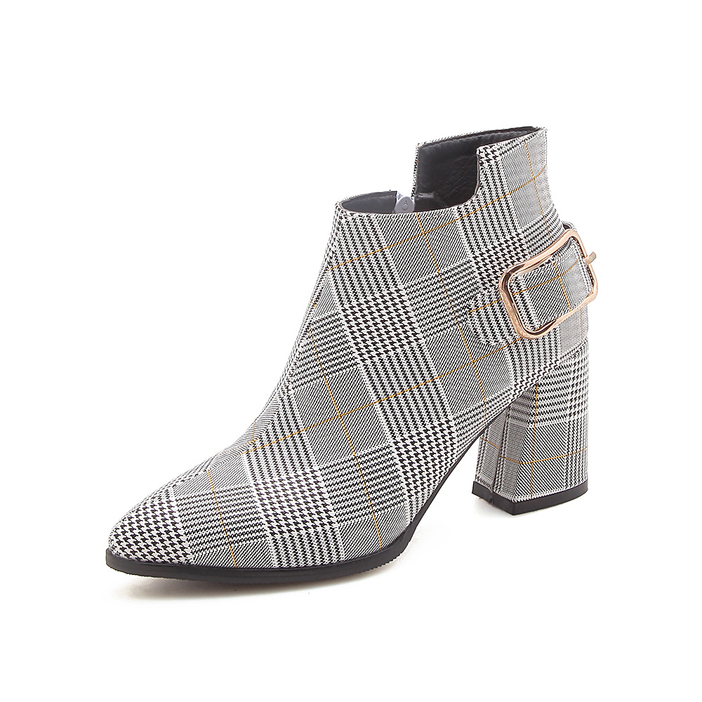 Women&apos;s Boots Fashion Plaid Pointed Toe High Heels Sexy Autumn Winter Ankle Boots
