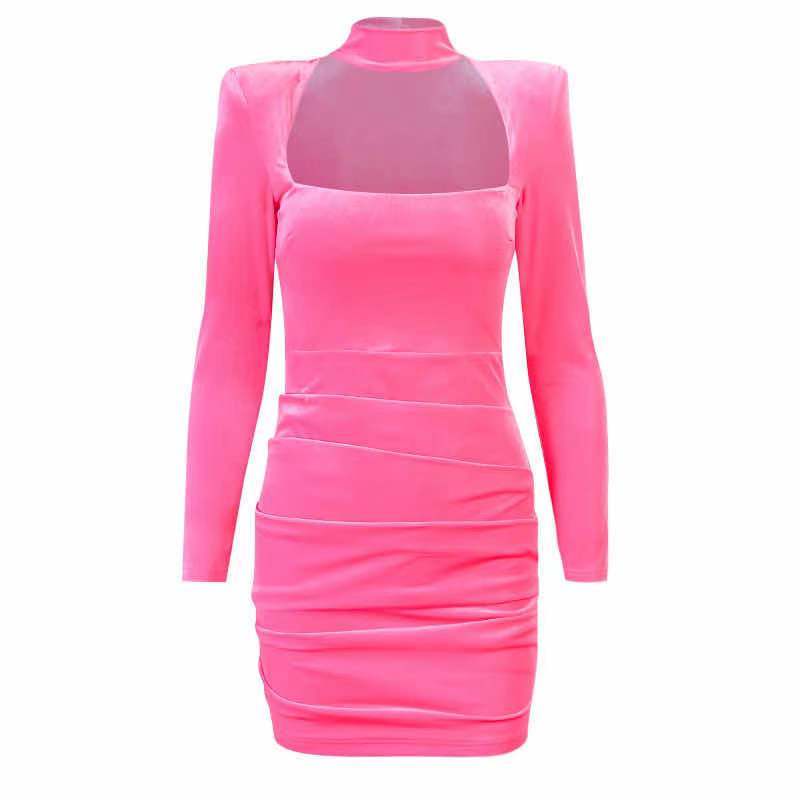 High collar Qao Qao empty collar shoulder long sleeved dress sexy slim long sleeved skirt