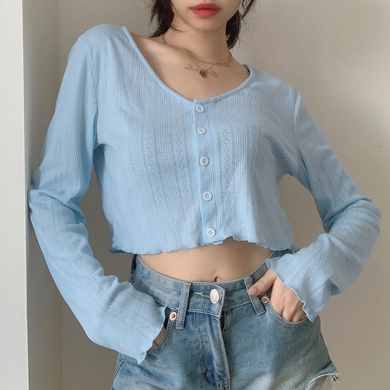 Knitted cardigan T-shirt women&apos;s summer new cotton women&apos;s V-Neck long sleeve top women&apos;s
