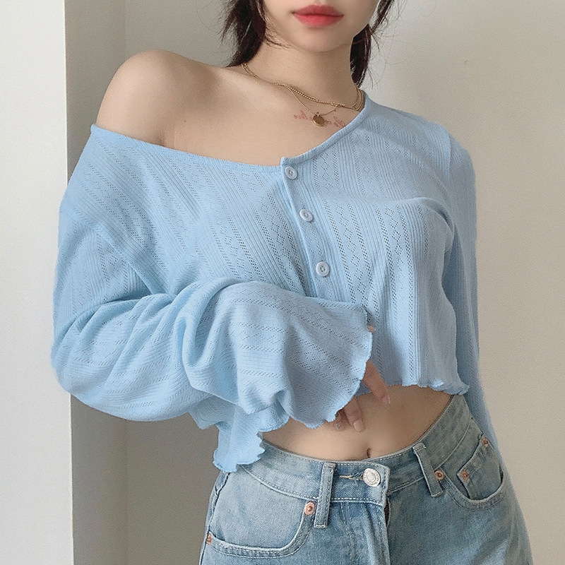 Knitted cardigan T-shirt women&apos;s summer new cotton women&apos;s V-Neck long sleeve top women&apos;s