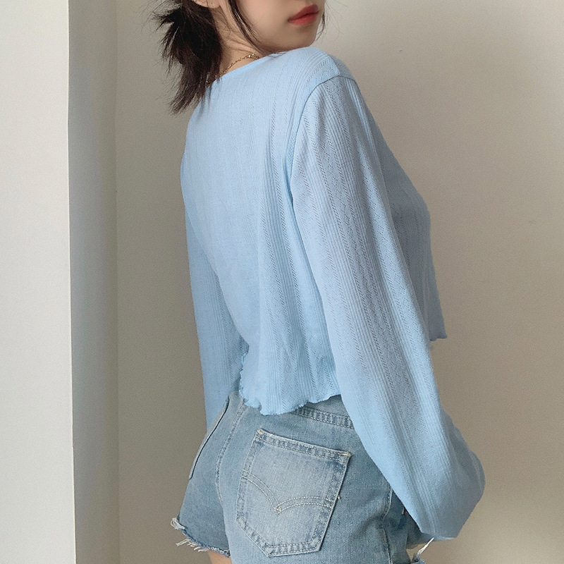 Knitted cardigan T-shirt women&apos;s summer new cotton women&apos;s V-Neck long sleeve top women&apos;s
