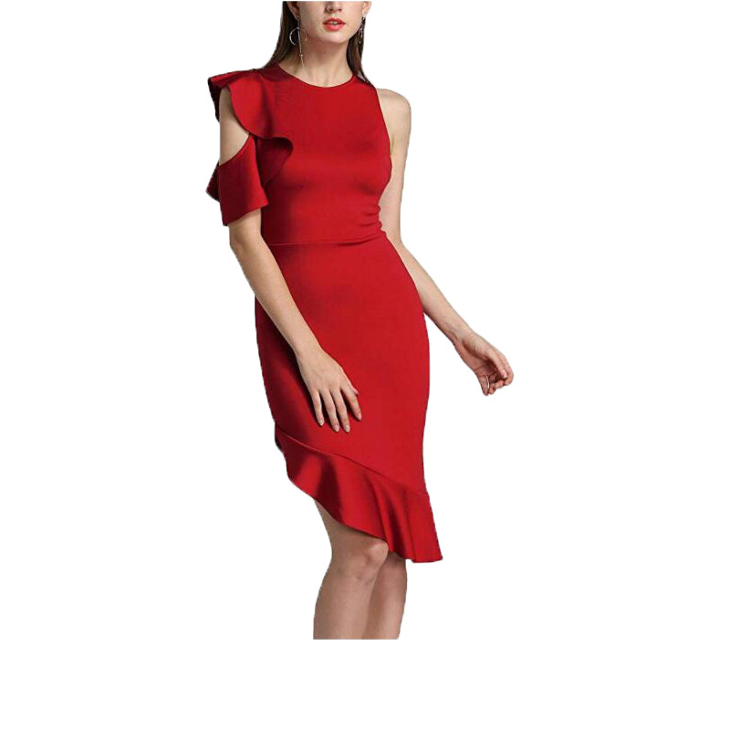 Women's autumn/winter new evening dress explosively flying sleeve off-the-shoulder ruffled skirt