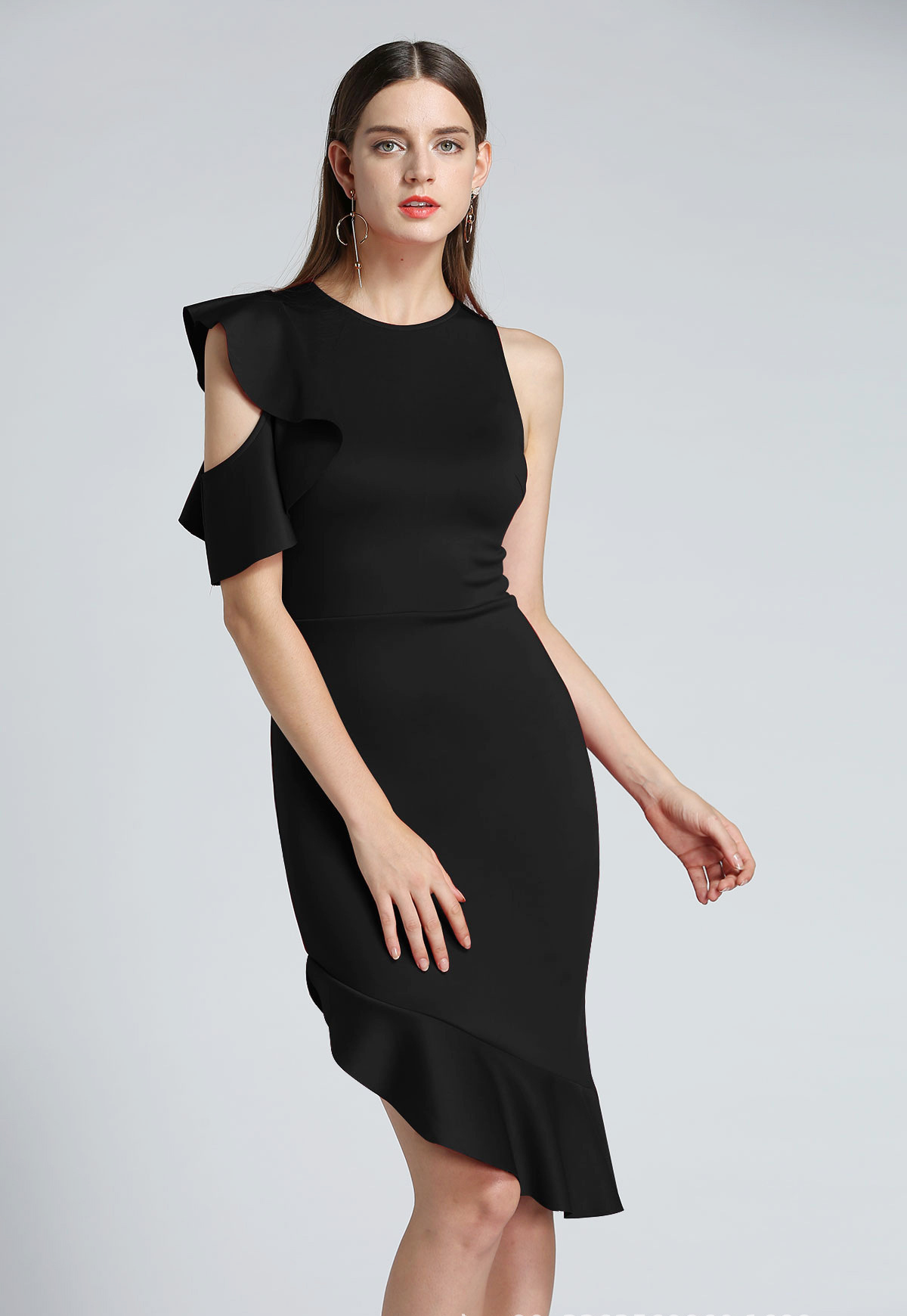 Women's autumn/winter new evening dress explosively flying sleeve off-the-shoulder ruffled skirt