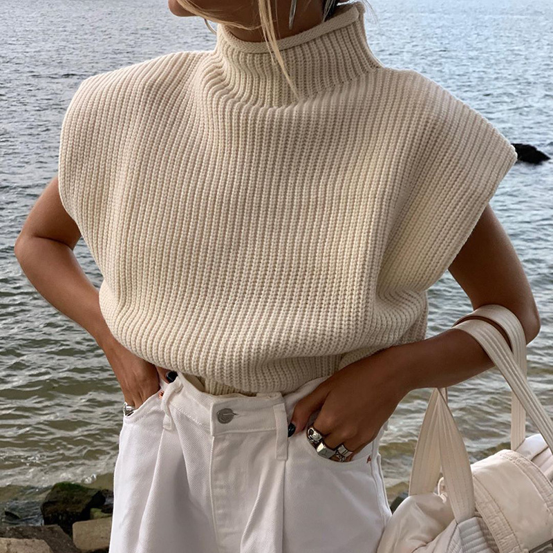 Autumn and winter new pure color wool sweater sexy high neck short sleeve sweater blouse women