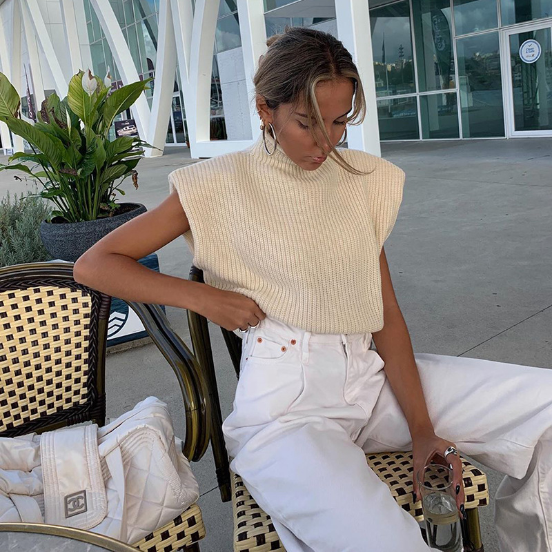 Autumn and winter new pure color wool sweater sexy high neck short sleeve sweater blouse women