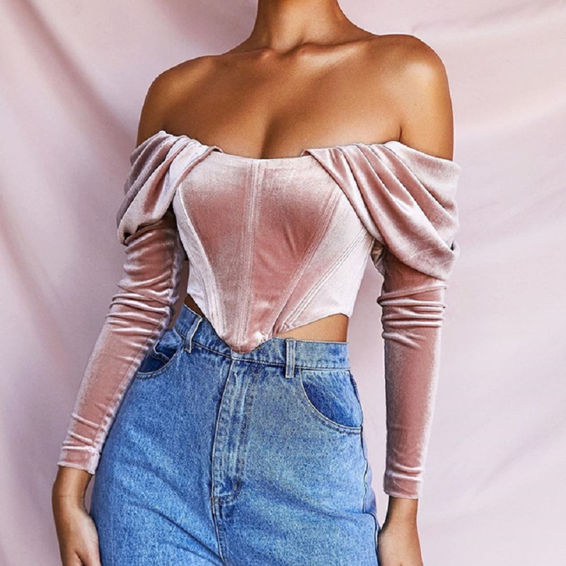 2021 NEW velvet off-the-shoulder one-line neck ruffled long-sleeved blouse T-shirt and women's dress