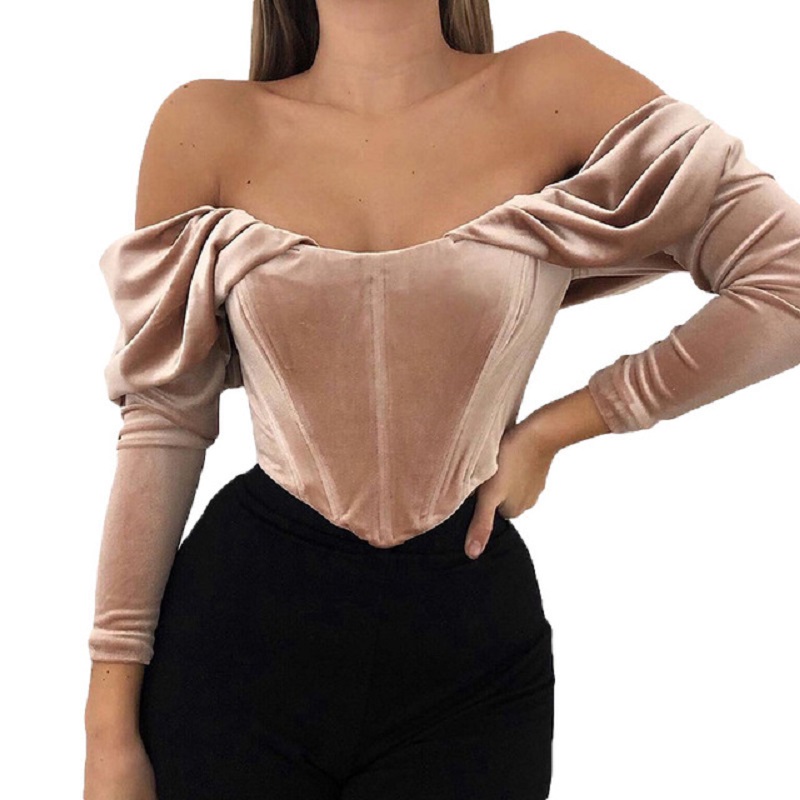 2021 NEW velvet off-the-shoulder one-line neck ruffled long-sleeved blouse T-shirt and women's dress