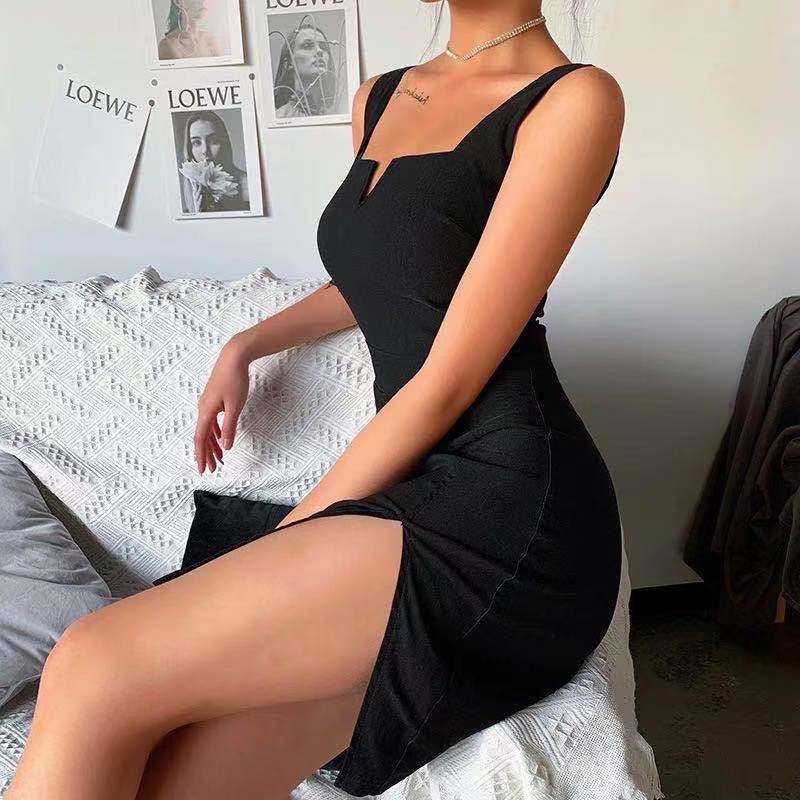 Summer dress skirt dress harness off-the-shoulder split little black dress women