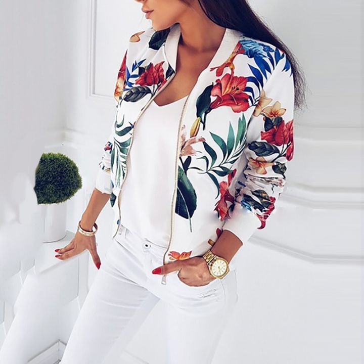 Women Spring Autumn Long Sleeve Floral Printed Zipper Coats Casual Ladies Fashion Jackets