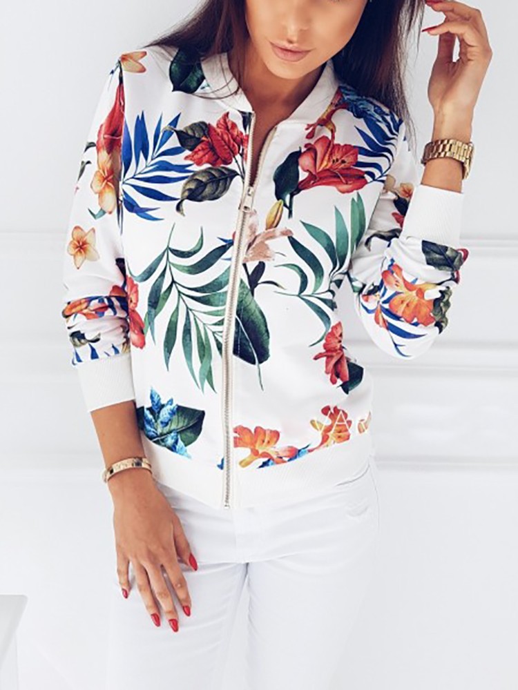 Women Spring Autumn Long Sleeve Floral Printed Zipper Coats Casual Ladies Fashion Jackets