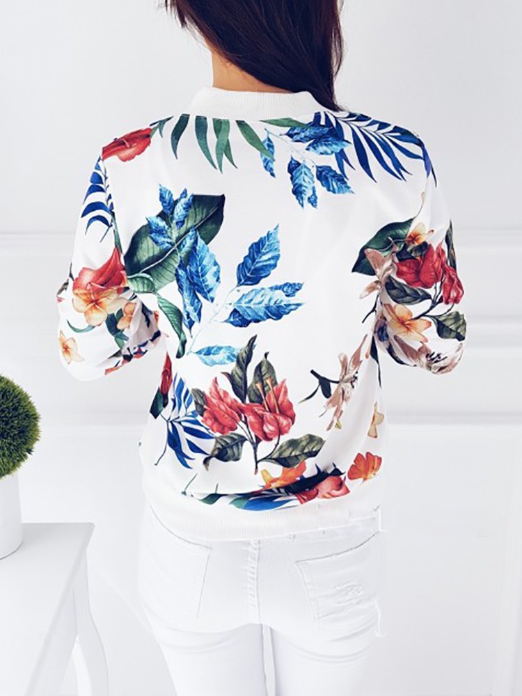 Women Spring Autumn Long Sleeve Floral Printed Zipper Coats Casual Ladies Fashion Jackets
