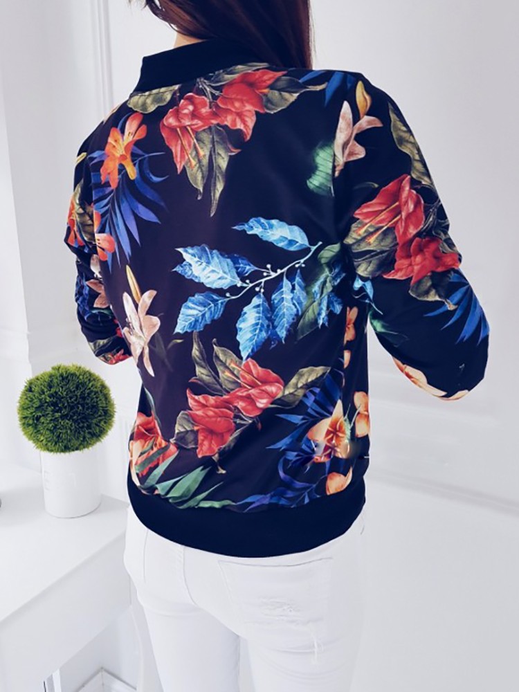 Women Spring Autumn Long Sleeve Floral Printed Zipper Coats Casual Ladies Fashion Jackets