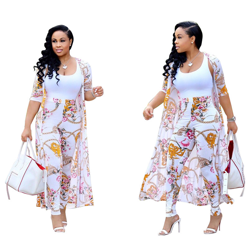 2 pcs Women Fashion digital printing cloak and bottom pants casual suit sets