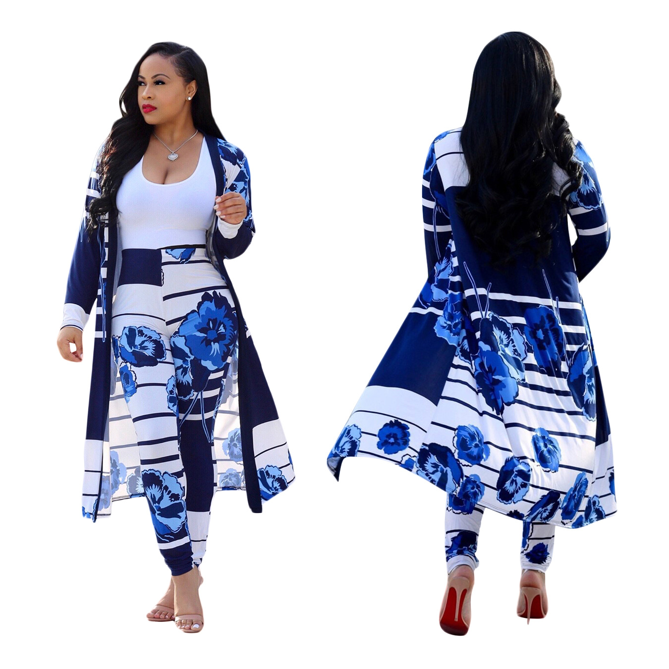 Women Fashion digital ladies printing cloak and bottom pants casual suit sets