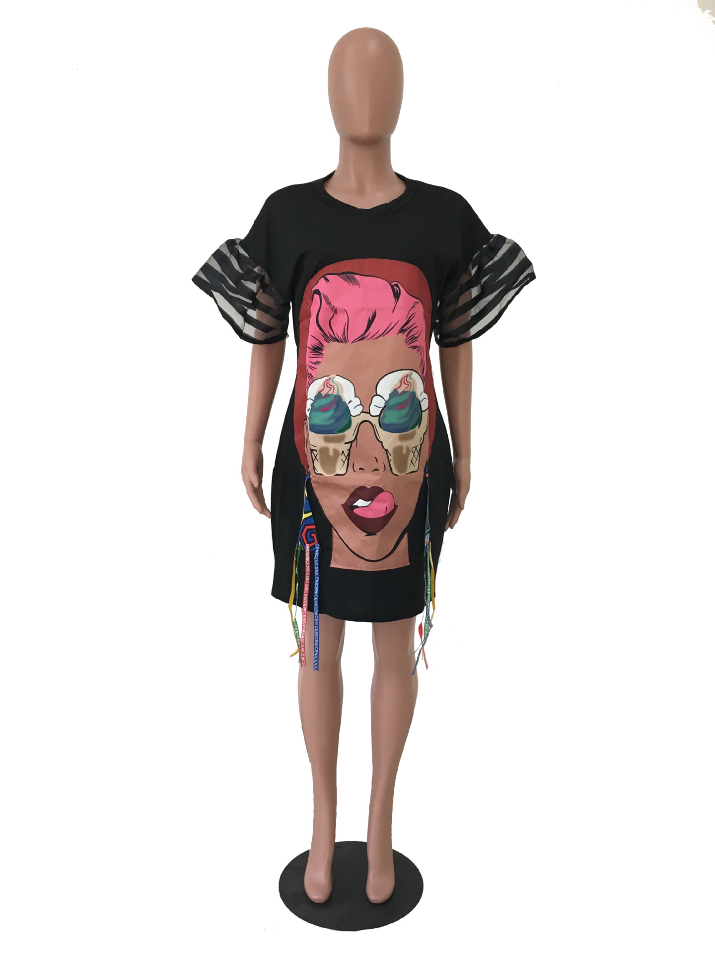 Women Hip hop Printed puff Sleeve Sexy Lady Dress Streetwear Clubwear