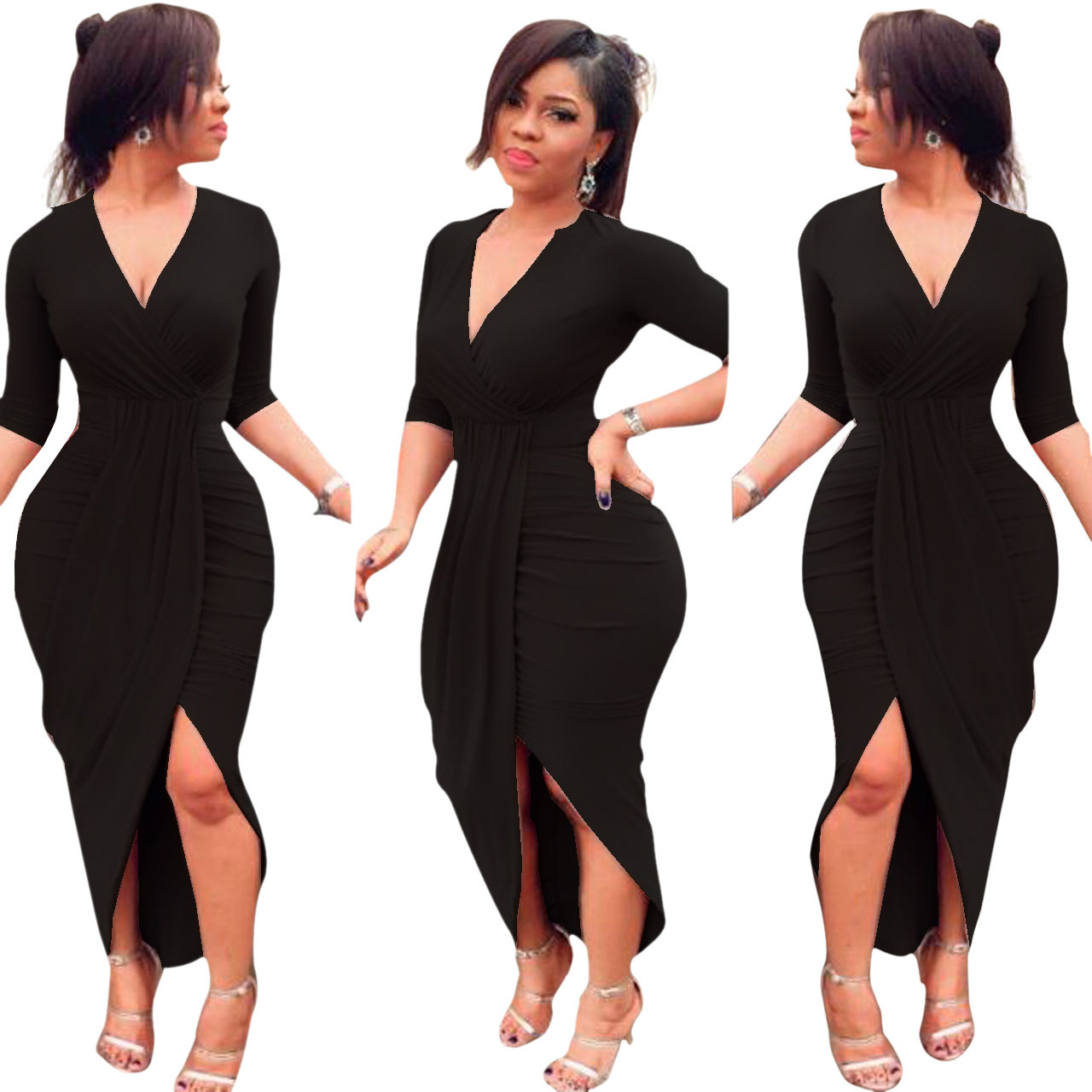 New Fashion Women Sexy V Neck Half Sleeve Bodycon Dresses Ladies