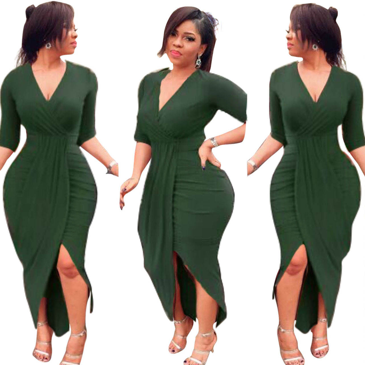 New Fashion Women Sexy V Neck Half Sleeve Bodycon Dresses Ladies