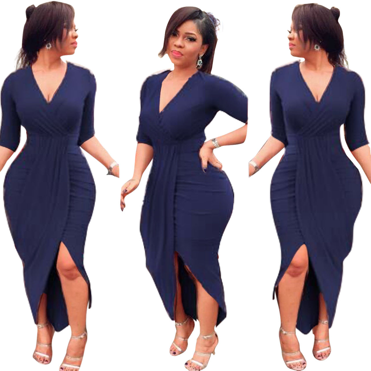 New Fashion Women Sexy V Neck Half Sleeve Bodycon Dresses Ladies