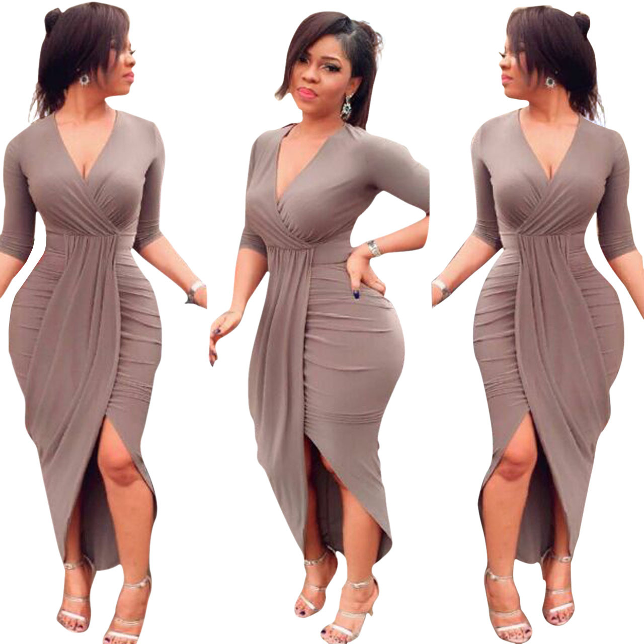 New Fashion Women Sexy V Neck Half Sleeve Bodycon Dresses Ladies
