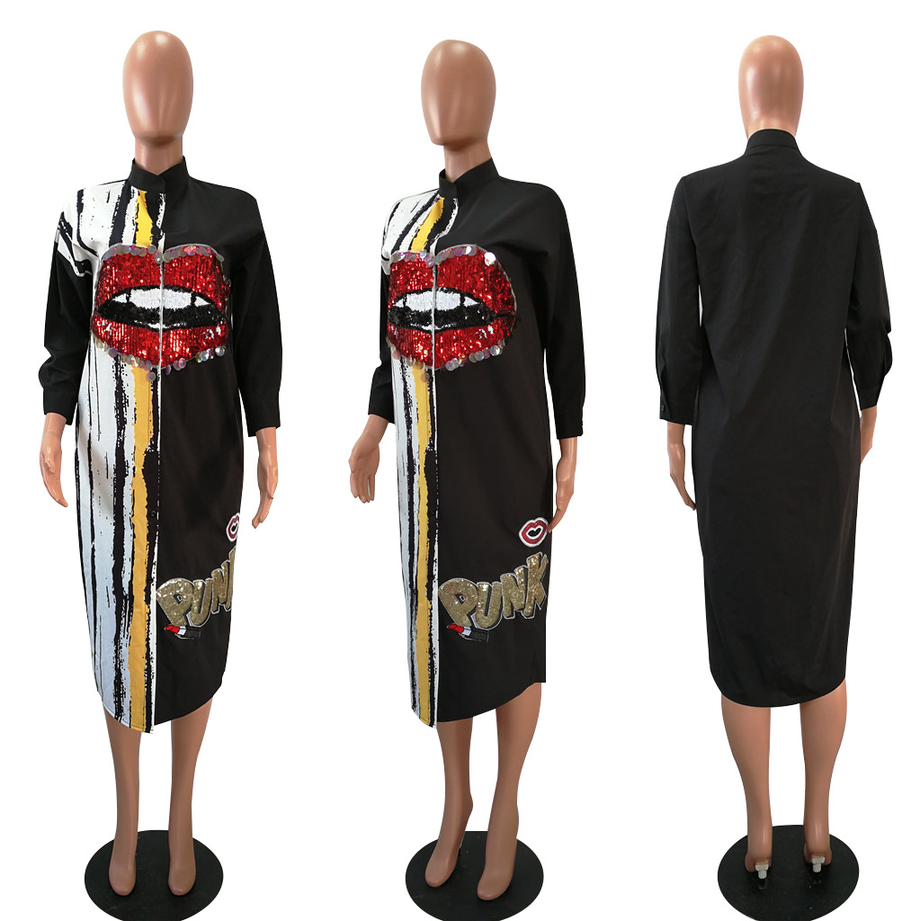 Women Long sleeve Lip sequin Shirt Dress Office Lady business Dress Streetwear Dress Clubwear