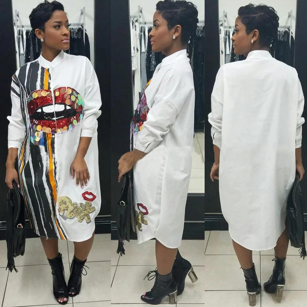 Women Long sleeve Lip sequin Shirt Dress Office Lady business Dress Streetwear Dress Clubwear