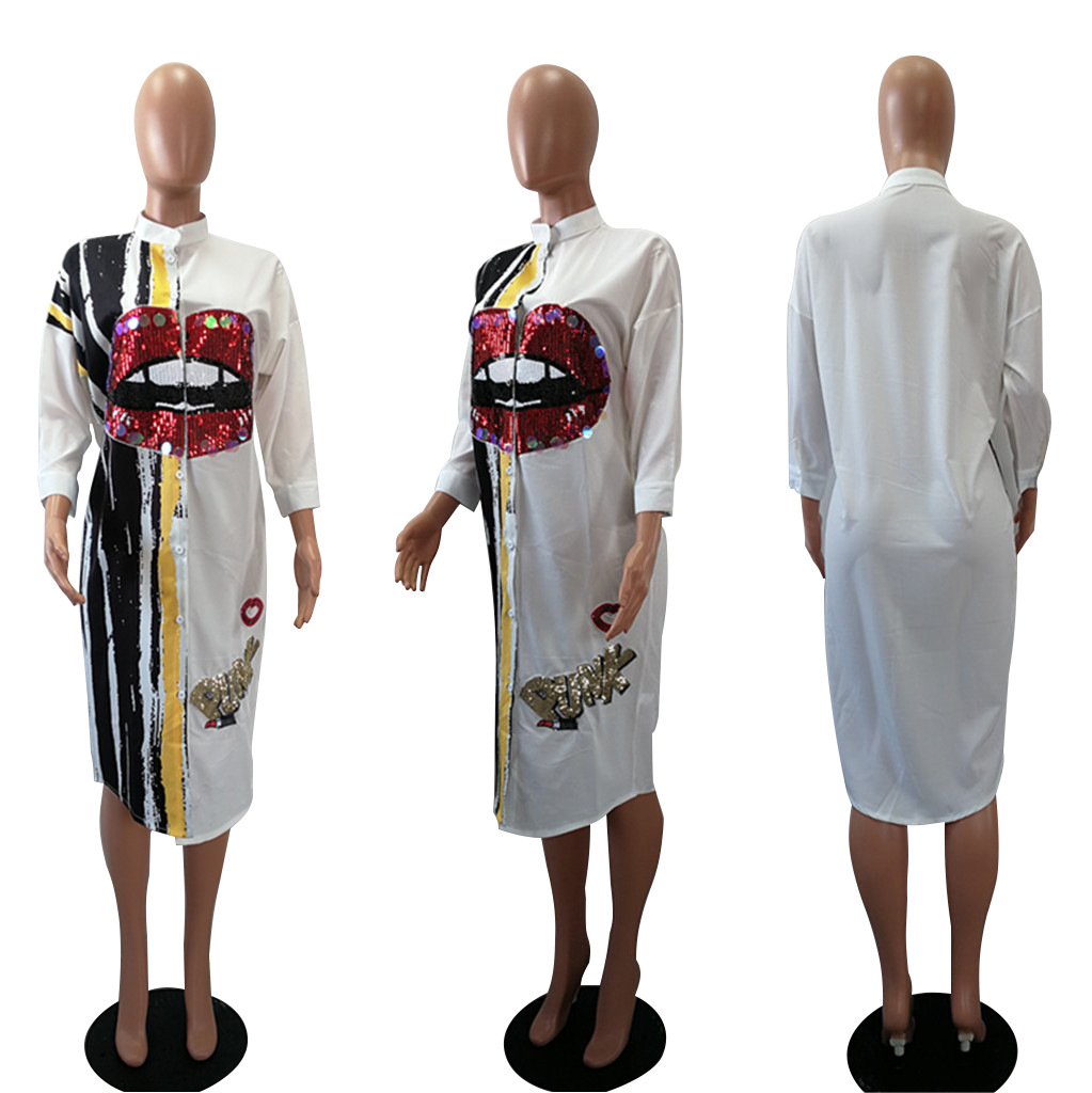 Women Long sleeve Lip sequin Shirt Dress Office Lady business Dress Streetwear Dress Clubwear