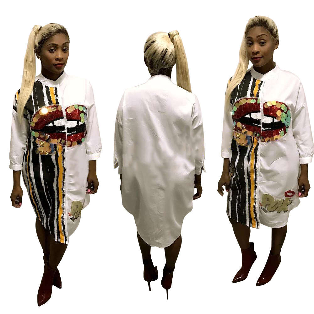 Women Long sleeve Lip sequin Shirt Dress Office Lady business Dress Streetwear Dress Clubwear