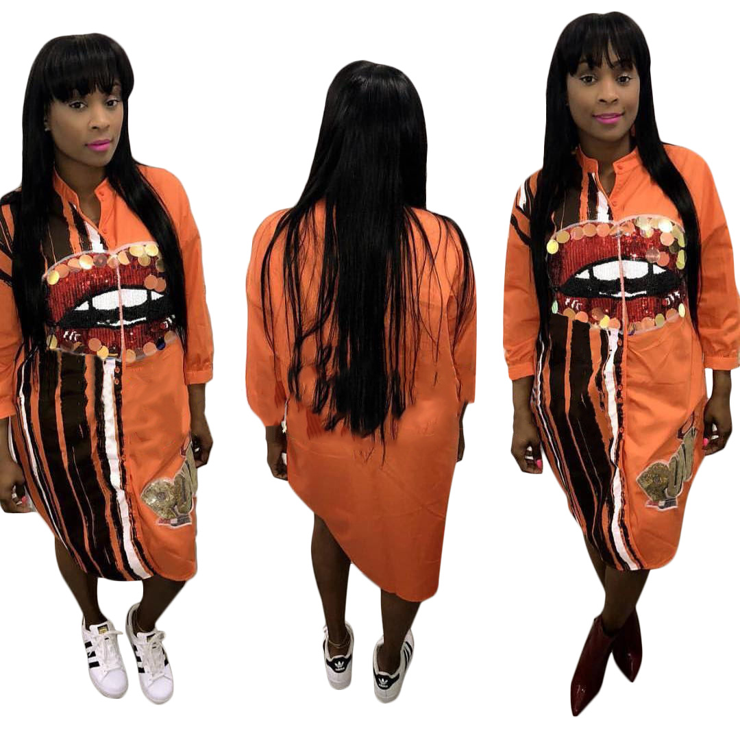 Women Long sleeve Lip sequin Shirt Dress Office Lady business Dress Streetwear Dress Clubwear