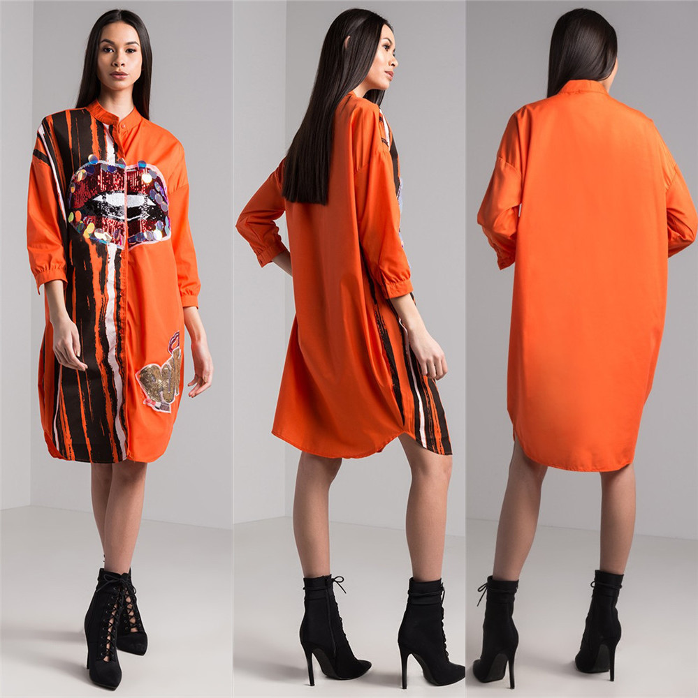 Women Long sleeve Lip sequin Shirt Dress Office Lady business Dress Streetwear Dress Clubwear