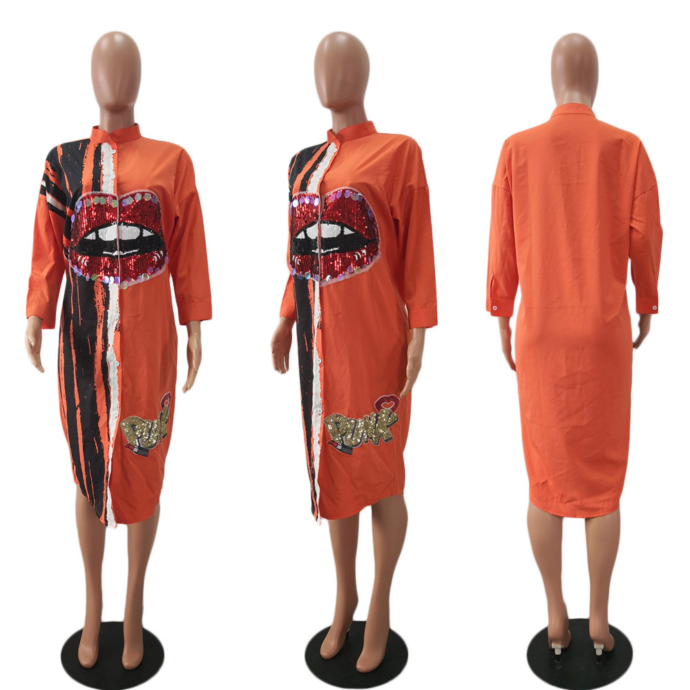 Women Long sleeve Lip sequin Shirt Dress Office Lady business Dress Streetwear Dress Clubwear