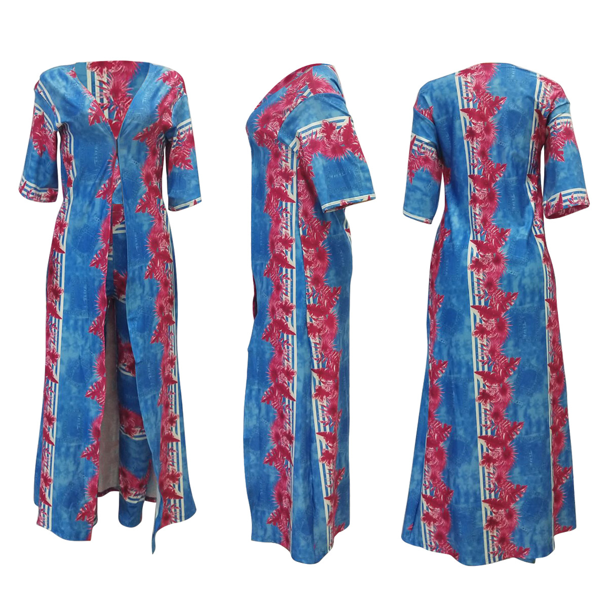 2 pcs Women Fashion Flower digital printing cloak and bottom pants casual coat and pant suit sets