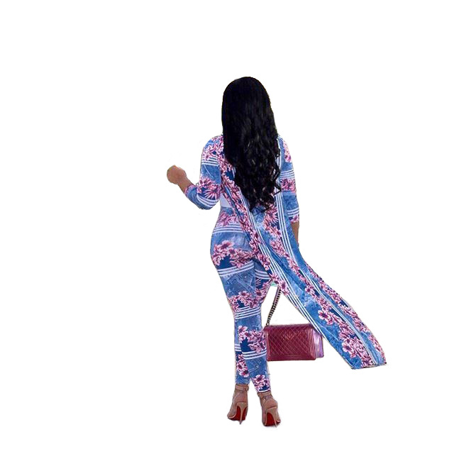 2 pcs Women Fashion Flower digital printing cloak and bottom pants casual coat and pant suit sets