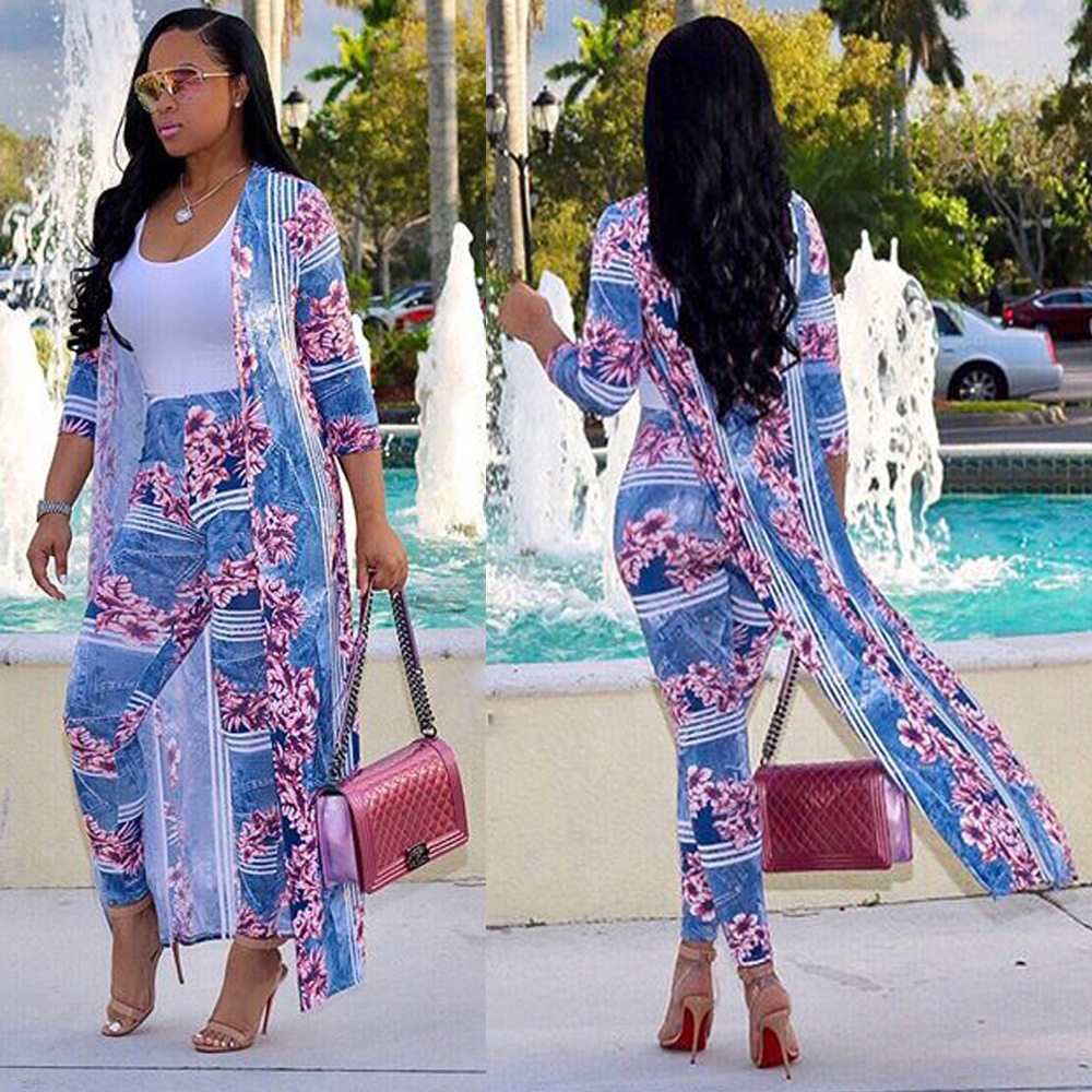 2 pcs Women Fashion Flower digital printing cloak and bottom pants casual coat and pant suit sets